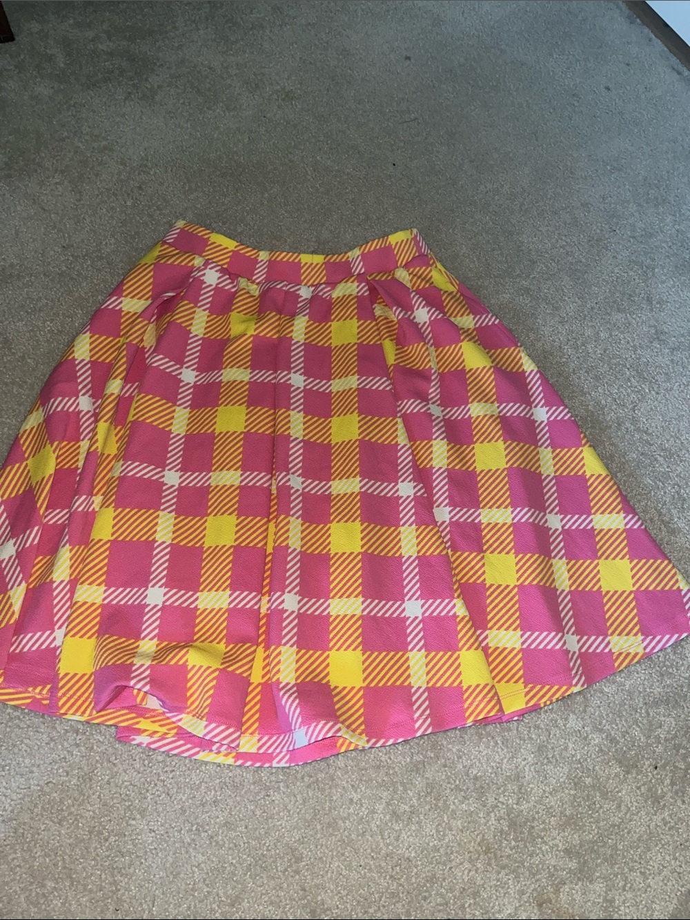 LuLaRoe Pink and Yellow Plaid Circle Skirt